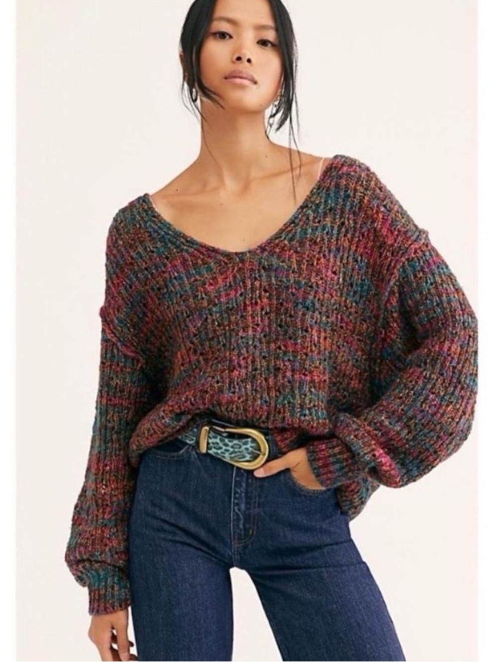Free People Highland Oversized Chunky Knit V Neck Sweater Multicolor Size Small